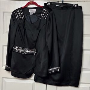 Donna Vinci Black Satin Skirt Suit NWOT